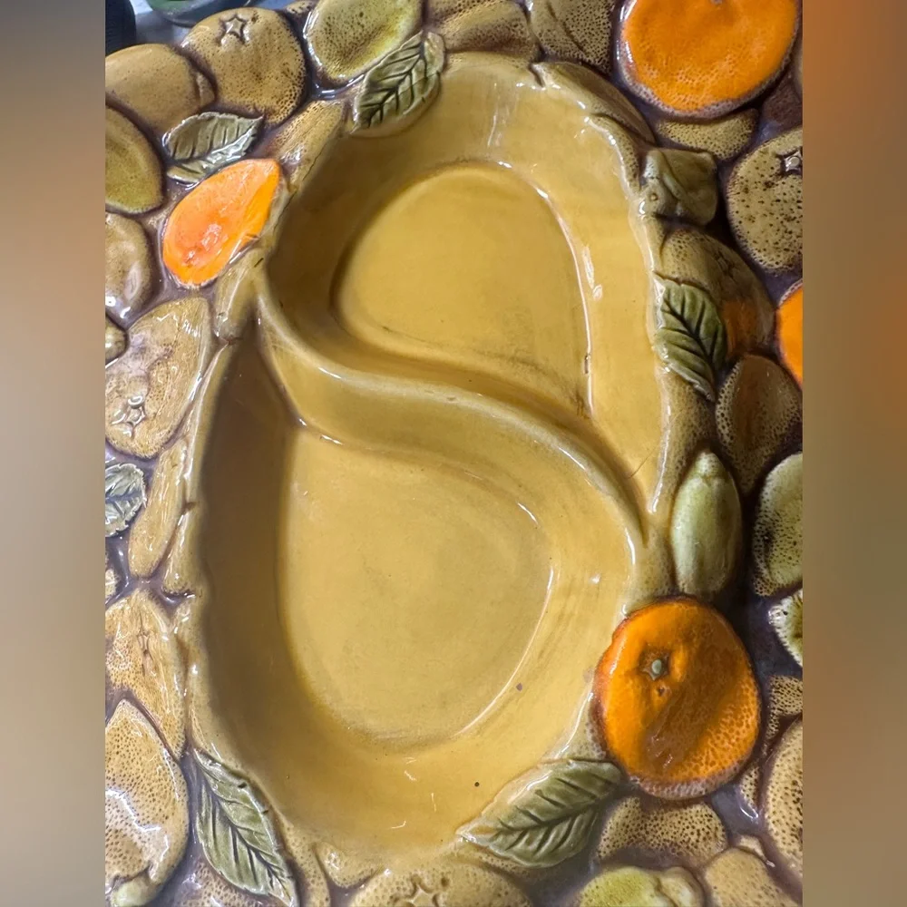 Vintage Mid-Century Modern Glazed Ceramic Divided Serving Tray 3D Fruit Motif